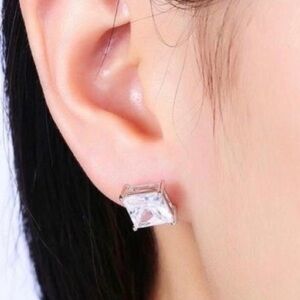 14k White Gold Over 925 Sterling Silver Princess Cut  CZ Stud Earrings